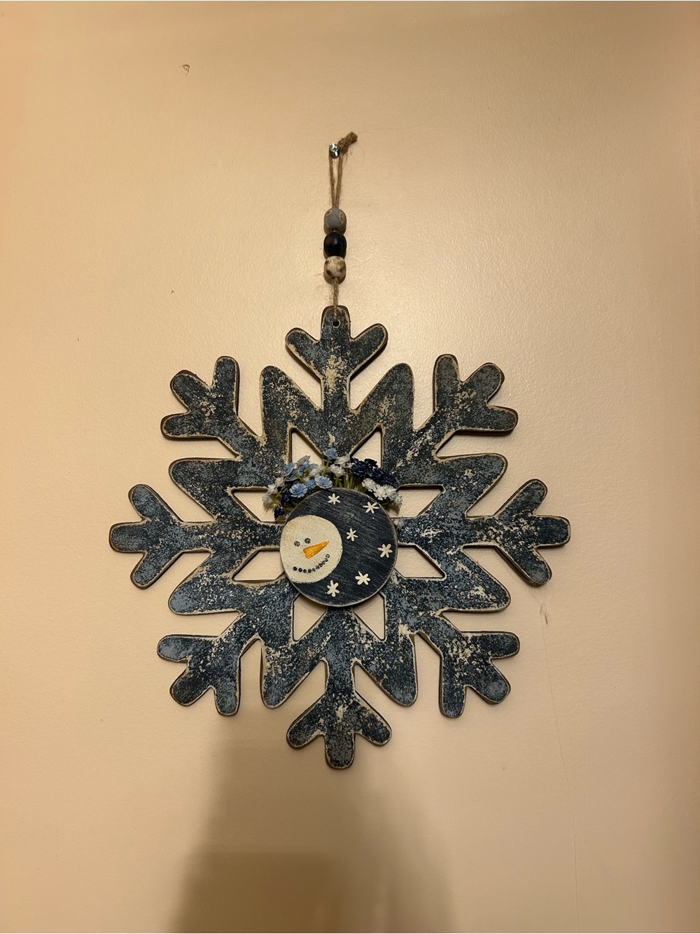 Rustic Navy Snowflake Wall Decor with Snowman Accent